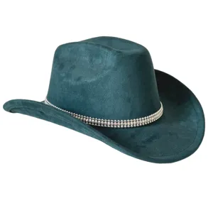 Dark green suede cowboy hat detailed with sparkling rhinestone chain for parties and fashion.