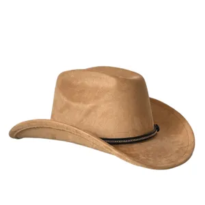 Dettaglio cappello cowboy western scamosciato, fedora jazz retrò con catena, cappello invernale.