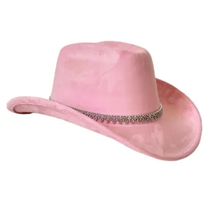 Roze western cowboyhoed met strass ketting, kunstsuède feesthoed voor dames en meisjes.