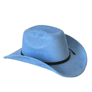 Primo piano dettagliato del cappello da cowboy in camoscio blu, stile retro ed elegante.