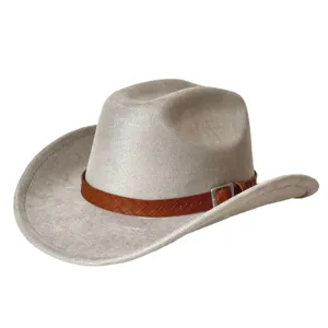 Vintage Suede Western Cowboy Hat Wide Brim Fedora with Woven Leather Belt Buckle for Men Women