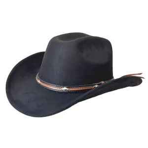 Vista detallada del sombrero de vaquero occidental de ante negro con ala ancha y tira.