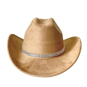 Closeup of the rhinestone chain suede cowboy hat, showing delicate details and wide curved brim.