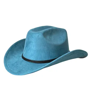 Dettaglio cappello da cowboy in camoscio blu, stile western retrò, classico cappello da equitazione.
