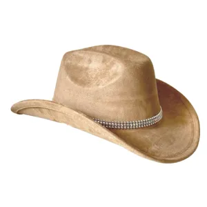 Khaki suede cowboy hat with sparkling rhinestone chain band, wide brim western party hat.