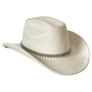 Witte suède western cowboyhoed met sprankelende strass-kettingband voor feesten en festivals.