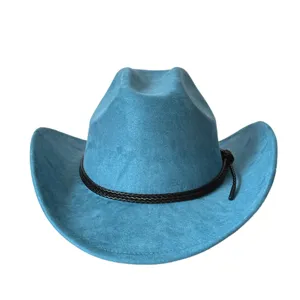 Cappello da cowboy in camoscio blu con fascia intrecciata nera, fedora retrò per uomo donna.