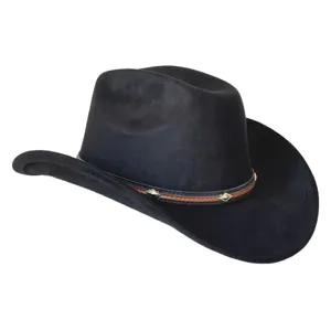 Clásico sombrero de vaquero western de ante negro con banda decorativa para exteriores.