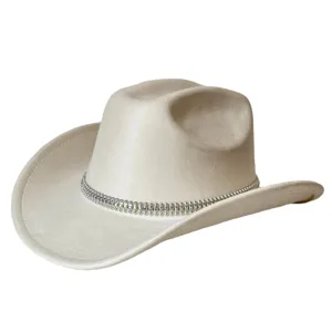 White suede western cowboy hat featuring sparkling rhinestone chain band, wide upturned brim detail.