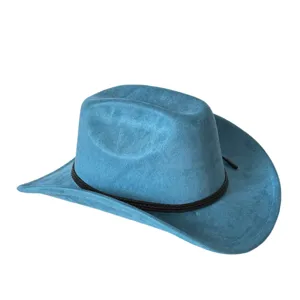Vista dettagliata del cappello da cowboy in camoscio blu con fascia intrecciata nera.
