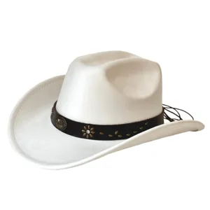 Chapeau de cowboy occidental en daim blanc pour hommes et femmes, Fedora à large bord.