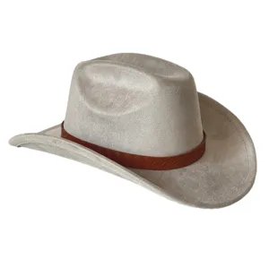 Grey suede cowboy hat with brown woven leather band, stylish wide brim western hat for outdoor.