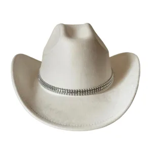 White suede western cowboy hat featuring a sparkling rhinestone chain detail for stylish wear.