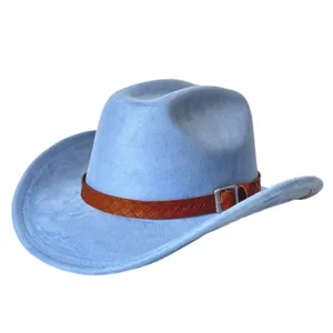 Retro blue suede western cowboy hat with brown woven leather belt and metal buckle for outdoor.