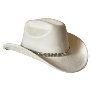 White suede cowboy hat detail showcasing rhinestone chain band and wide upturned brim.