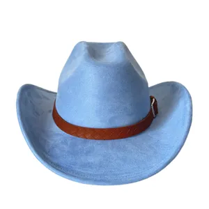 Close-up detail of light blue suede cowboy hat featuring a brown woven leather band and buckle.