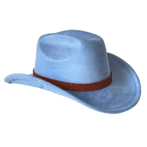 Blue suede western cowboy hat with brown woven leather band, stylish outdoor felt hat detail.