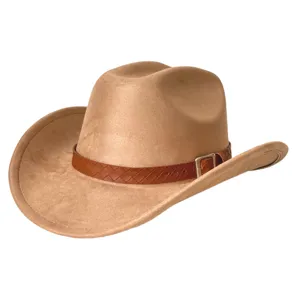 Vintage suede western cowboy hat with woven leather belt and metal buckle for outdoor wear.