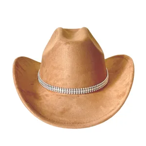 Brown suede western cowboy hat featuring a sparkling rhinestone chain detail for chic parties.