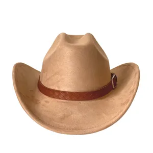 Vintage Suede Cowboy Hat Wide Brim Western Fedora Hat with Woven Belt Buckle for Men Women