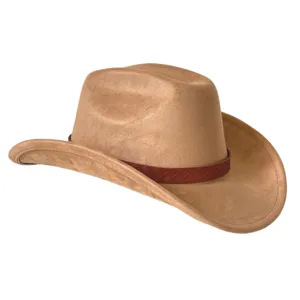 Brown vintage suede western cowboy hat detail, showing braided leather band and wide brim design.