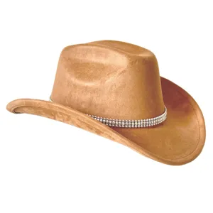 Brown suede cowboy hat featuring a sparkling rhinestone chain trim and wide curved brim.
