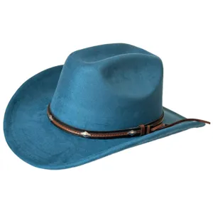 Sombrero de vaquero occidental azul con acabado de ante sintético y banda marrón para la moda.