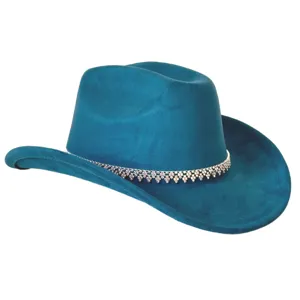 Blauwe suèdevacht western cowboyhoed met glinsterende strass-ketting detail, ideaal feest.