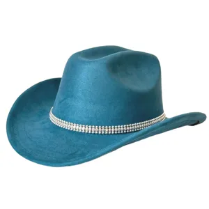 Turquoise faux suede cowboy hat with sparkling rhinestone chain band, wide upturned brim party