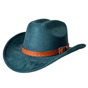 Vintage dark green suede cowboy hat featuring a brown woven leather strap and metal buckle detail.