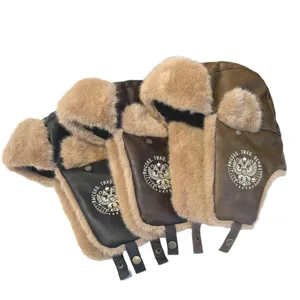 Chapeau bomber d'hiver en cuir PU épais avec oreillettes en peluche, ushanka chaude et coupe-vent.