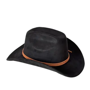 Dettaglio cappello da cowboy in camoscio nero, elegante fedora retrò con corda intrecciata.