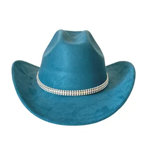 Detailed view of turquoise suede cowboy hat with sparkling rhinestone chain decoration.