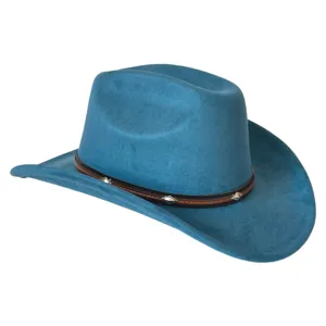 Sombrero de vaquero occidental de ante sintetico azul de ala ancha para moda al aire libre.