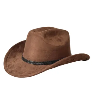 Cappello da cowboy in camoscio marrone uomo donna vintage tesa curva dettagli western.