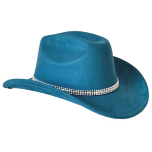 Blue suede western cowboy hat closeup showcasing sparkling rhinestone chain band and wide upturned brim.