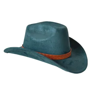 Vintage suede cowboy hat with brown woven leather band, stylish wide brim fedora for outdoor.