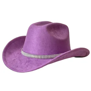 Purple suede cowboy hat with rhinestone chain, wide brim western fedora for party and fashion.