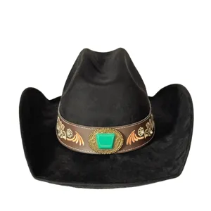 Close-up of western cowboy hat detail, black suede, turquoise buckle and embroidered band.