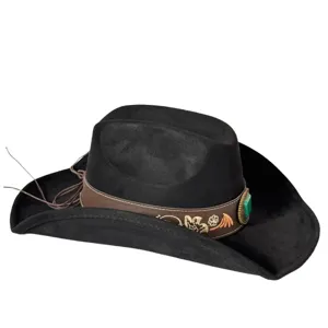 Close-up detail of the decorative turquoise gemstone on the brown leather hat band of the hat.