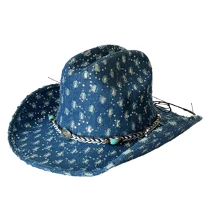 Vintage distressed denim western cowboy hat with turquoise bead braided band for sunny days.