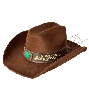 Brown faux suede western cowboy hat with turquoise stone and gold embroidery wide brim fedora.