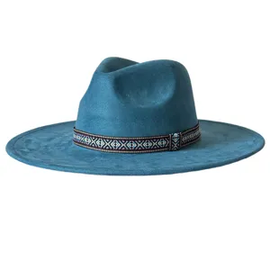 Chapeau fedora en suédine bleue avec bande géométrique ethnique, large bord vintage.