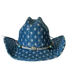 Distressed denim cowboy hat for women men western style fashion sun hat with beaded braided band