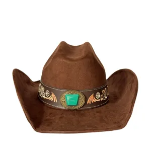 Close-up of brown suede western cowboy hat showing floral embroidery and turquoise band.