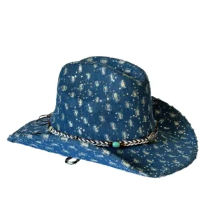Retro distressed blue denim western cowboy hat wide brim outdoor sun protection fashion fedora hat