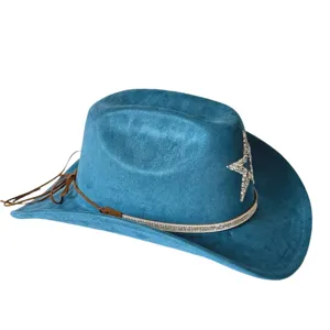Blue faux suede western cowboy hat with rhinestone star and sparkling band for party and outdoor use