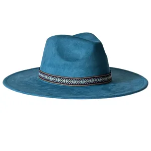 Chapeau Fedora Ethnique Large Bord Daim Feutre Jazz Casquette Motif Vintage Tendance