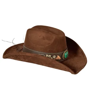 Brown suede western cowboy hat with turquoise gemstone embroidered leather hat band detail