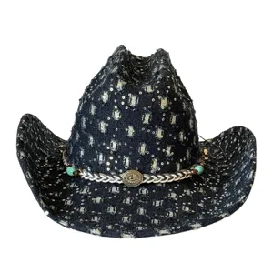Vintage distressed denim cowboy hat with sparkling sequins and bohemian braided hatband.